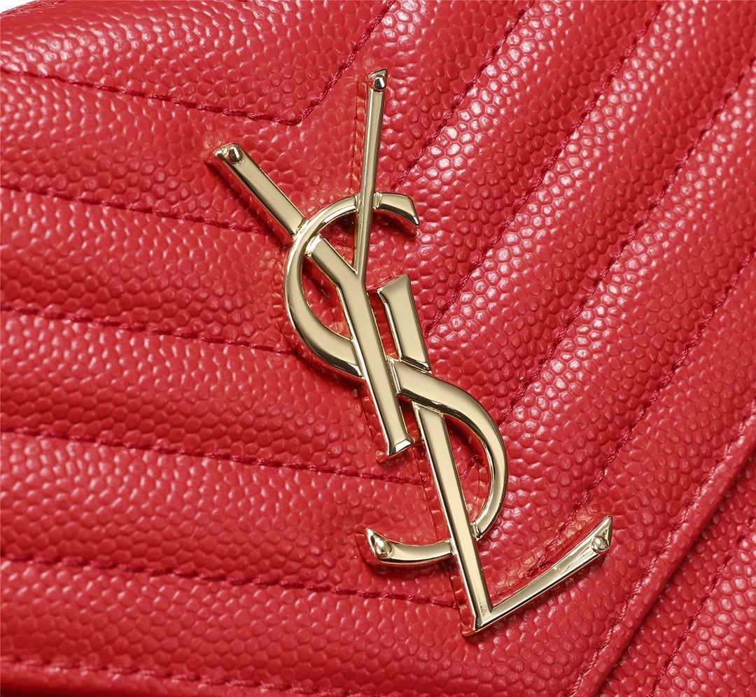Saint Laurent Monogram Chain Wallet in Red Matelassé Leather