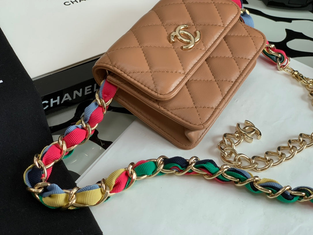 Chanel Tan Quilted Leather Mini Flap Bag with Multicolored Chain Strap