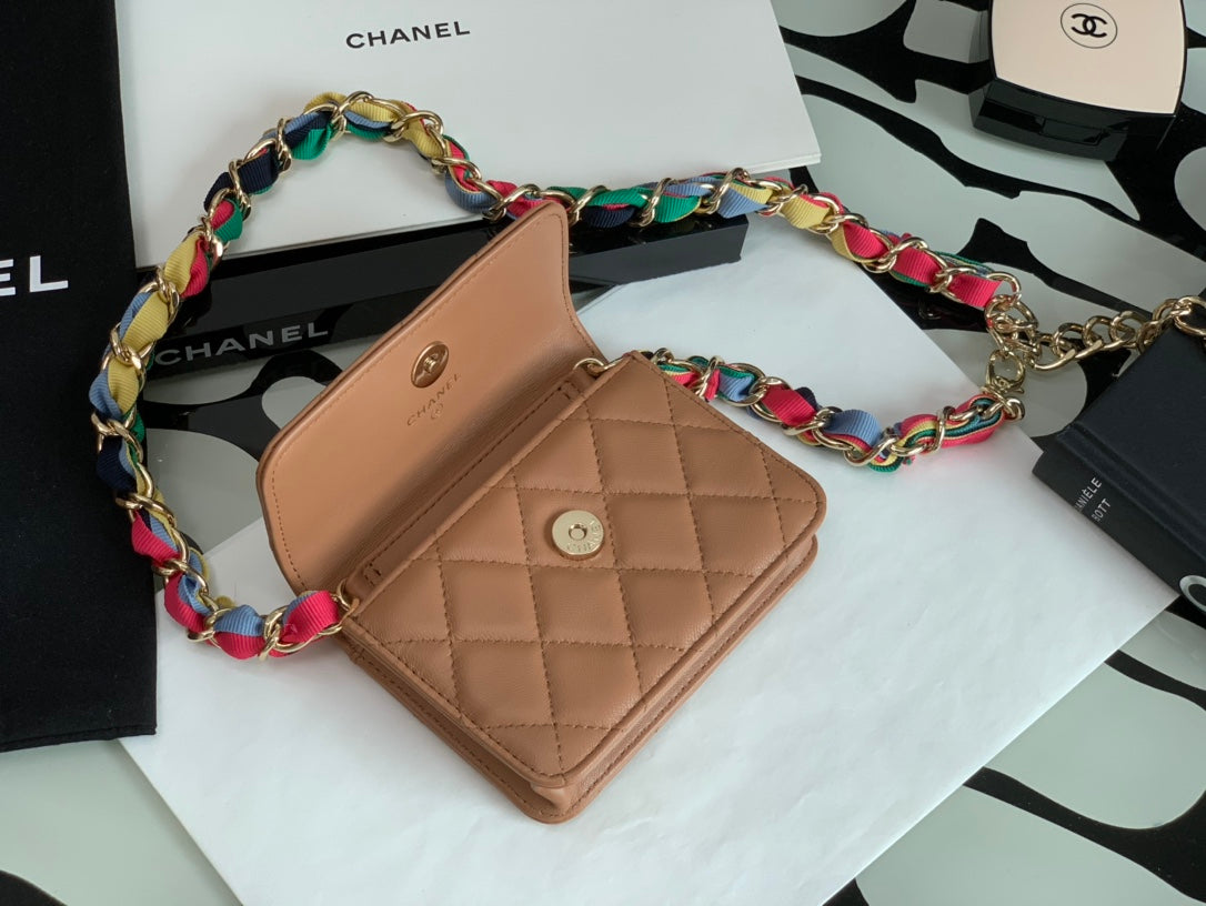 Chanel Tan Quilted Leather Mini Flap Bag with Multicolored Chain Strap