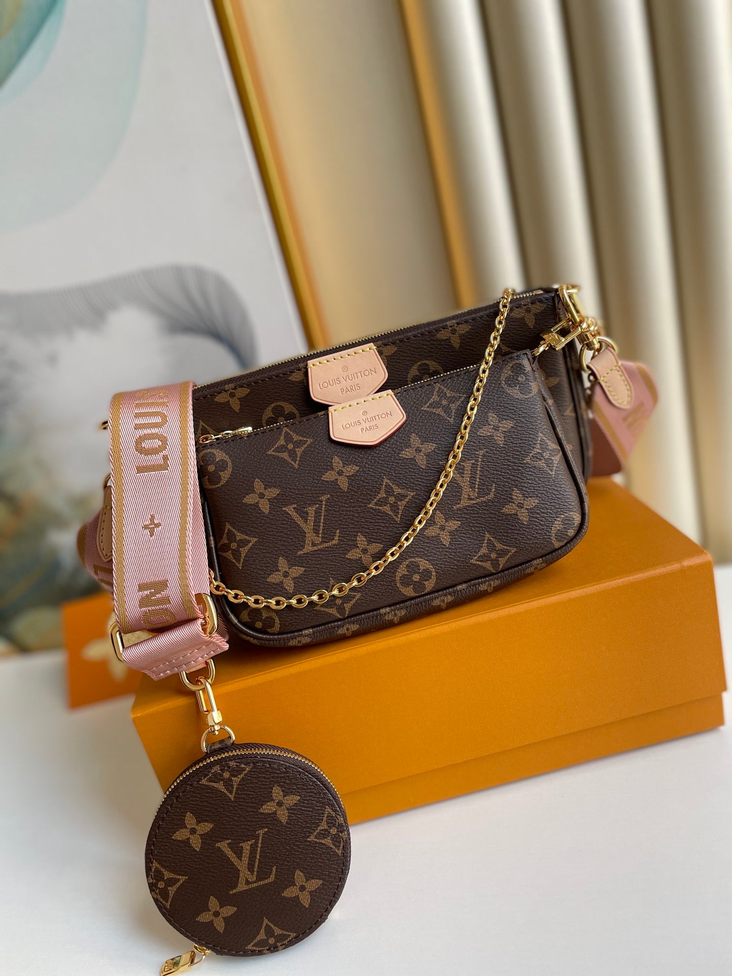 Louis Vuitton Brown Monogram 3-in-1 Crossbody Bag with Pink Strap and Coin Purse