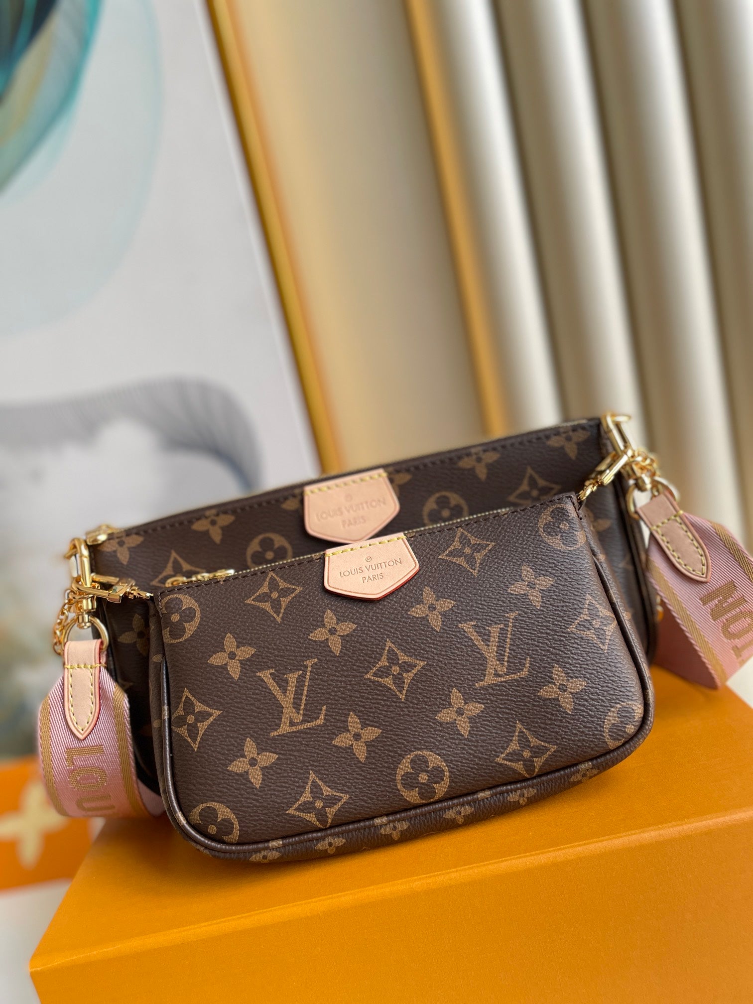Louis Vuitton Brown Monogram 3-in-1 Crossbody Bag with Pink Strap and Coin Purse