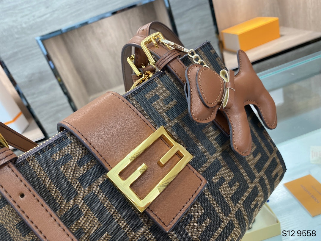 Fendi Brown Zucca Monogram Baguette Handbag with Gold-Tone Hardware
