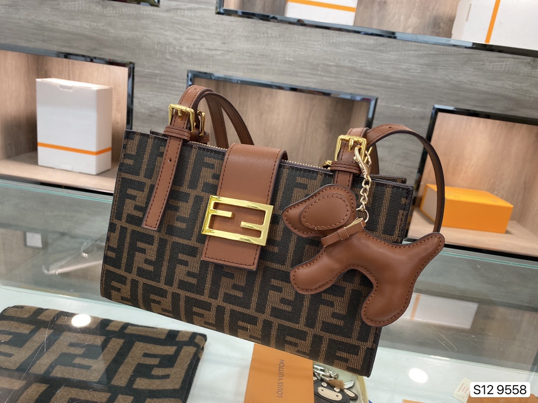 Fendi FF Monogram Canvas Baguette Bag with Leather Trim and Dog Charm