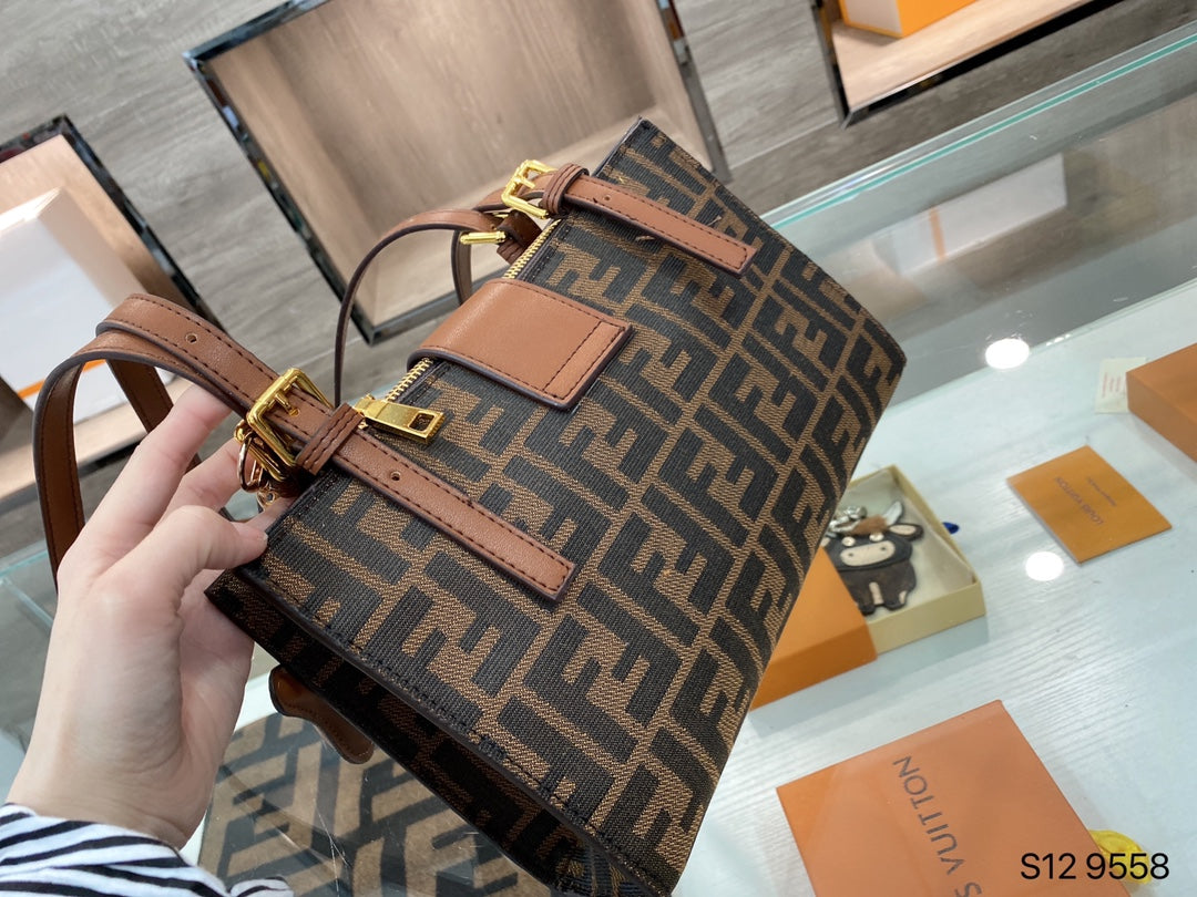 Fendi Brown Zucca Monogram Baguette Handbag with Gold-Tone Hardware