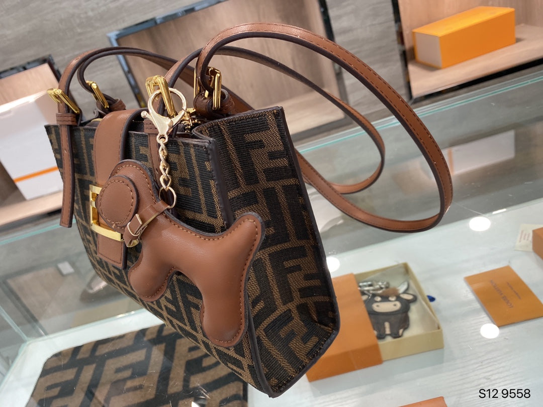 Fendi FF Monogram Canvas Baguette Bag with Leather Trim and Dog Charm
