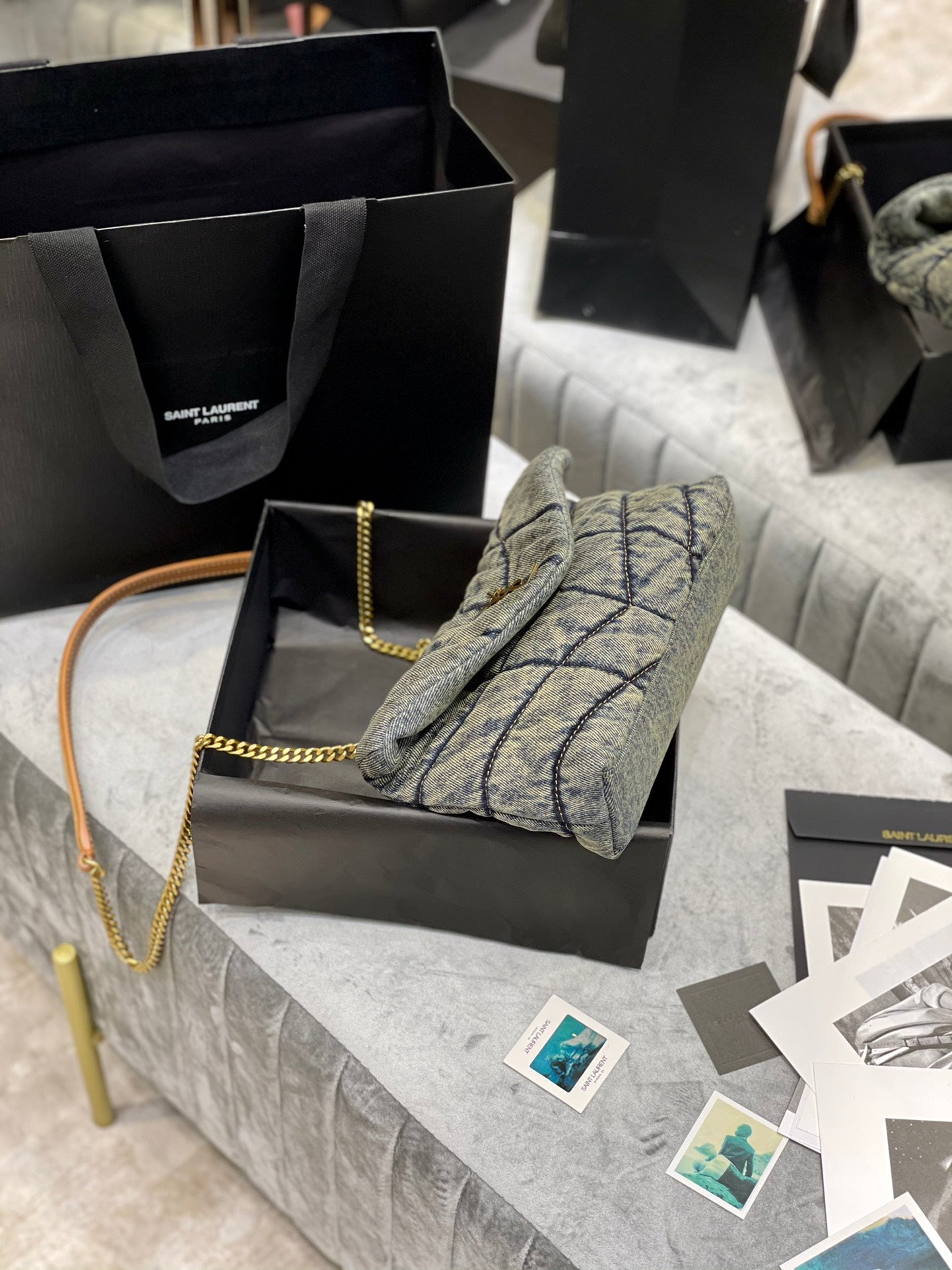 Saint Laurent Puffer Small Bag in Quilted Vintage Denim