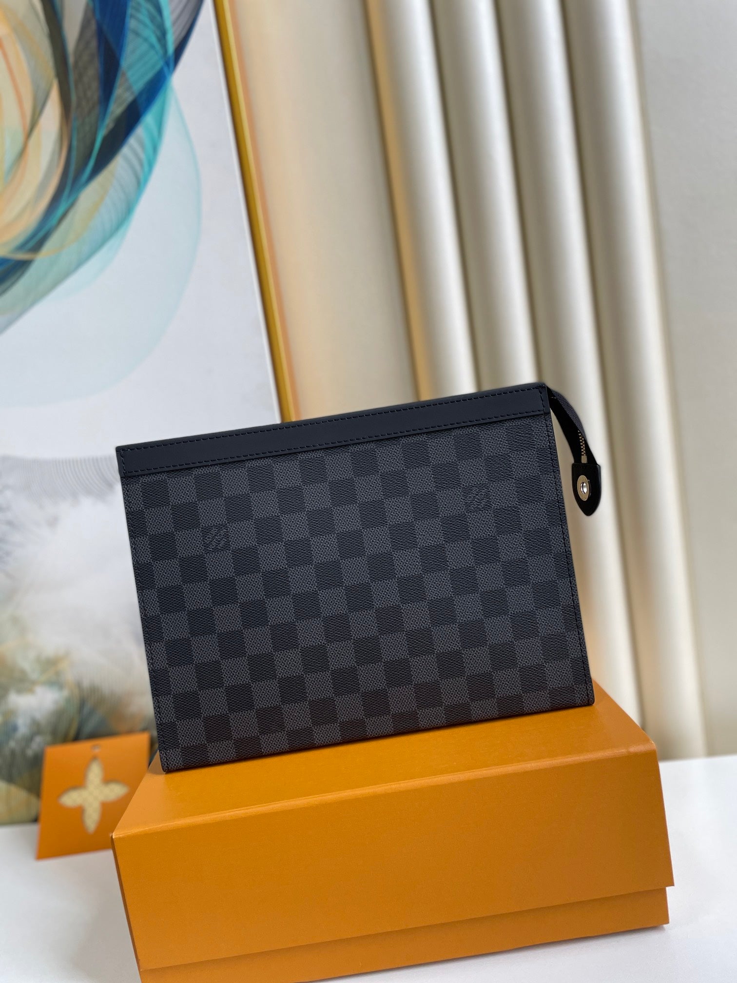 Louis Vuitton Grey and Black Checkered Clutch Pouch Men's Designer Toiletry Bag