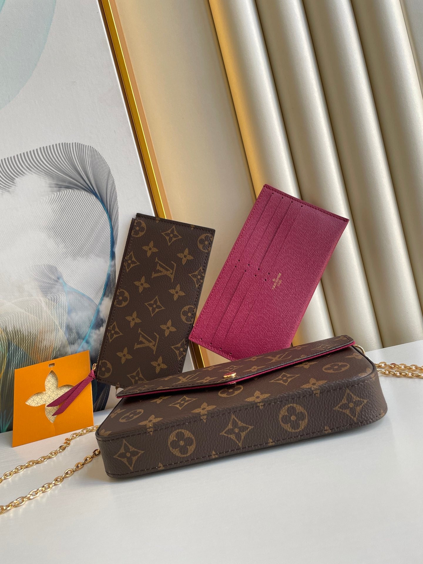 Louis Vuitton Classic Monogram Print Envelope Crossbody Bag with Gold Chain Strap
