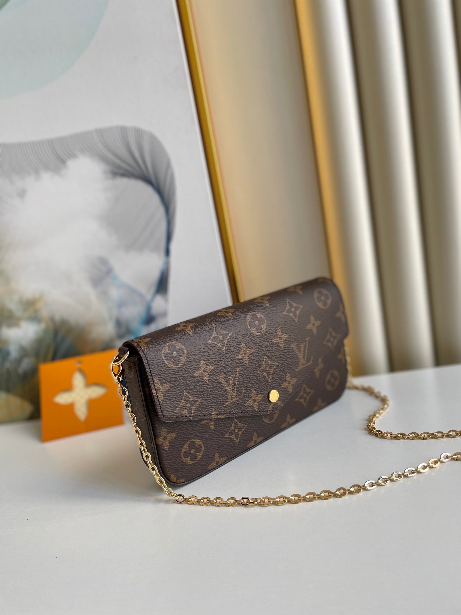 Louis Vuitton Classic Monogram Print Envelope Crossbody Bag with Gold Chain Strap