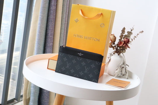 Louis Vuitton Luxury Black Monogram Patterned Canvas Zipper Clutch Pouch