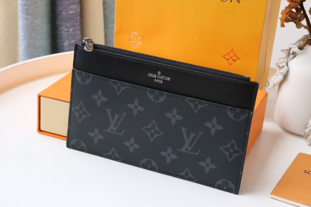 Louis Vuitton Luxury Black Monogram Patterned Canvas Zipper Clutch Pouch