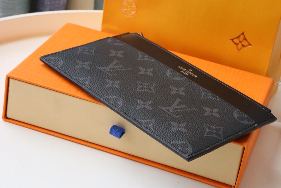 Louis Vuitton Luxury Black Monogram Patterned Canvas Zipper Clutch Pouch