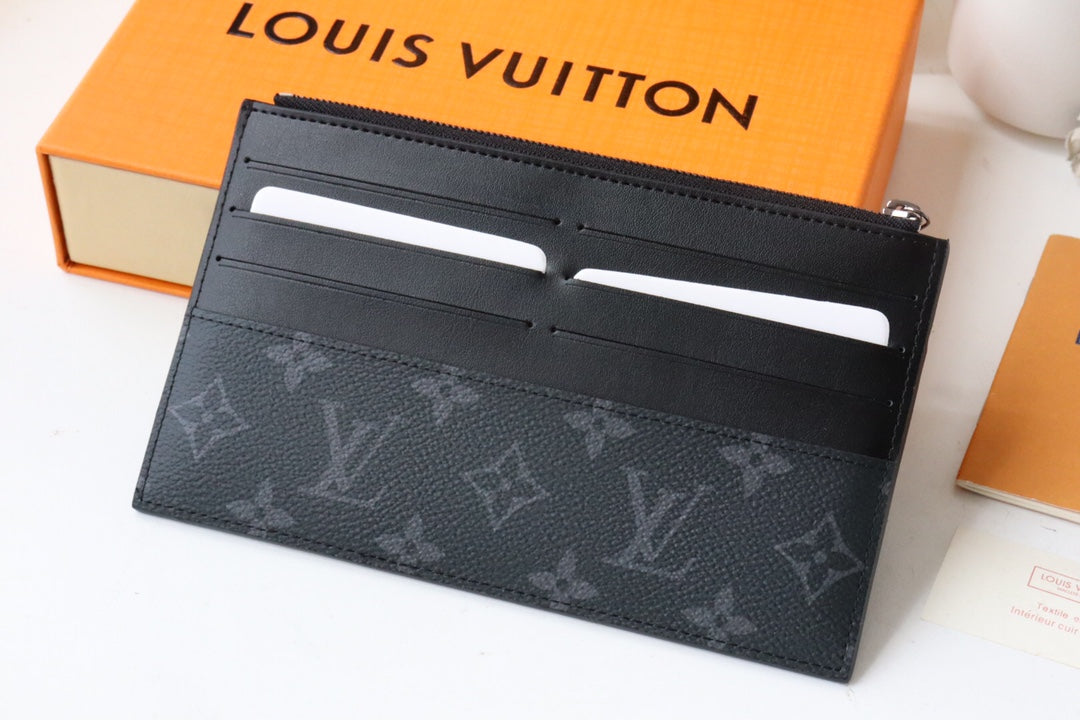 Louis Vuitton Luxury Black Monogram Patterned Canvas Zipper Clutch Pouch