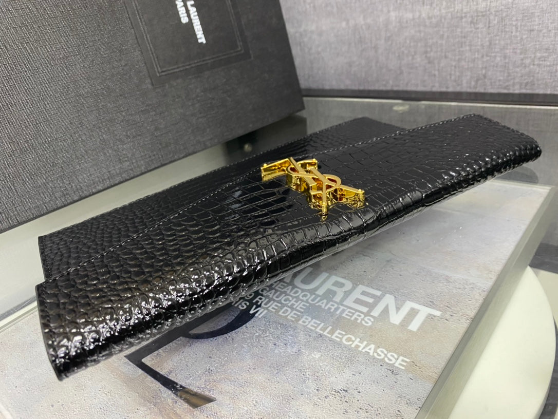 Saint Laurent Cassandre Crocodile-Embossed Leather Envelope Clutch - Black