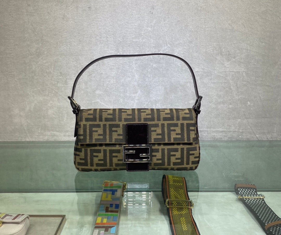 Fendi Baguette FF Monogram Fabric Shoulder Bag - Brown Tobacco