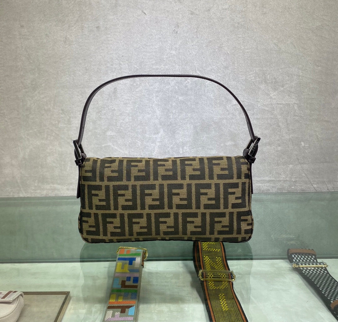 Fendi Baguette FF Monogram Fabric Shoulder Bag - Brown Tobacco