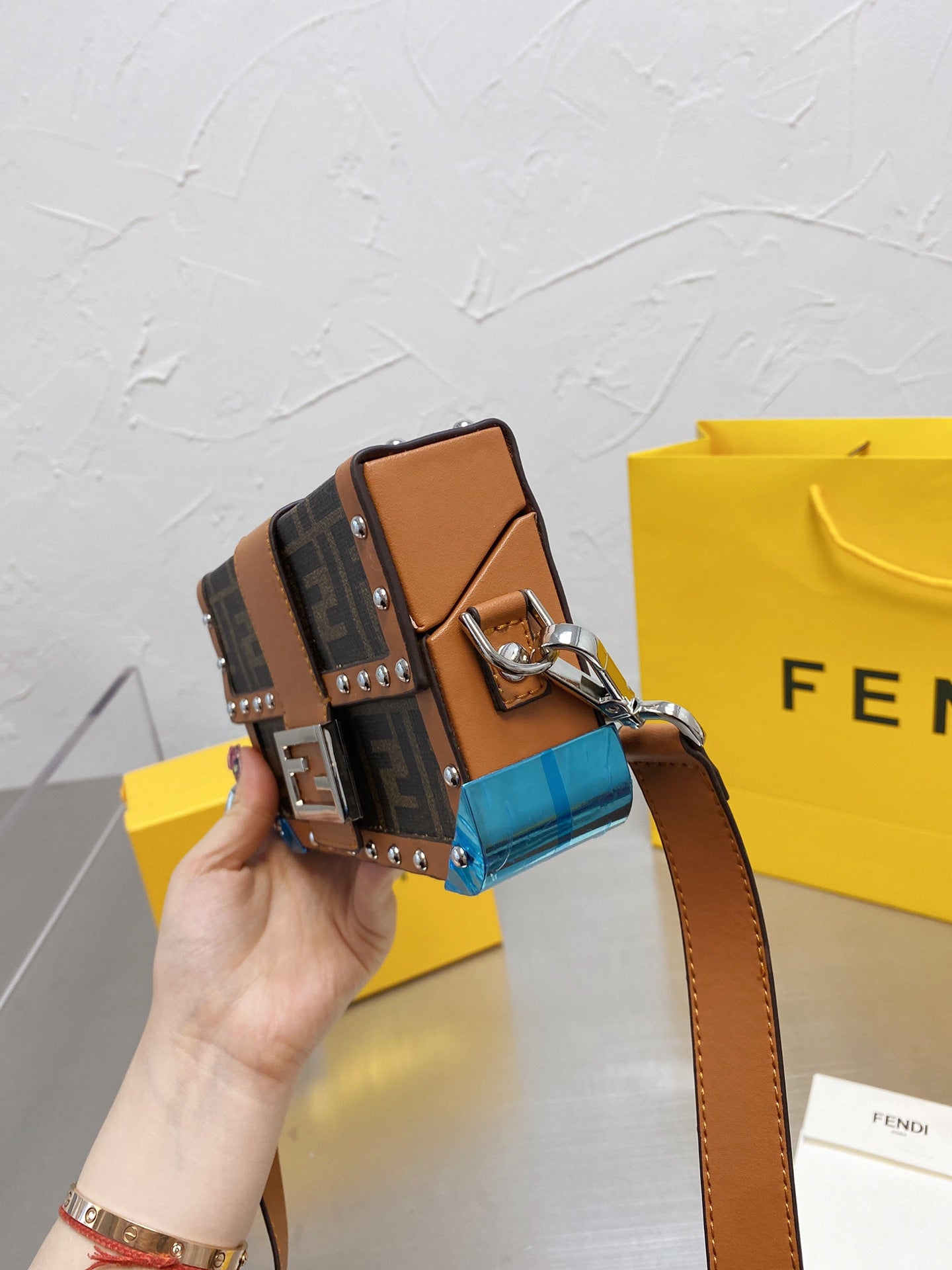 Fendi Baguette Trunk Mini Brown FF Fabric Bag with Studs and Leather Strap