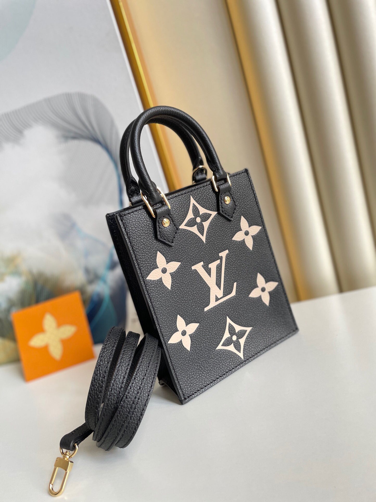 Louis Vuitton Luxury Black Leather Mini Tote Bag with Gold Monogram Flower Embellishments