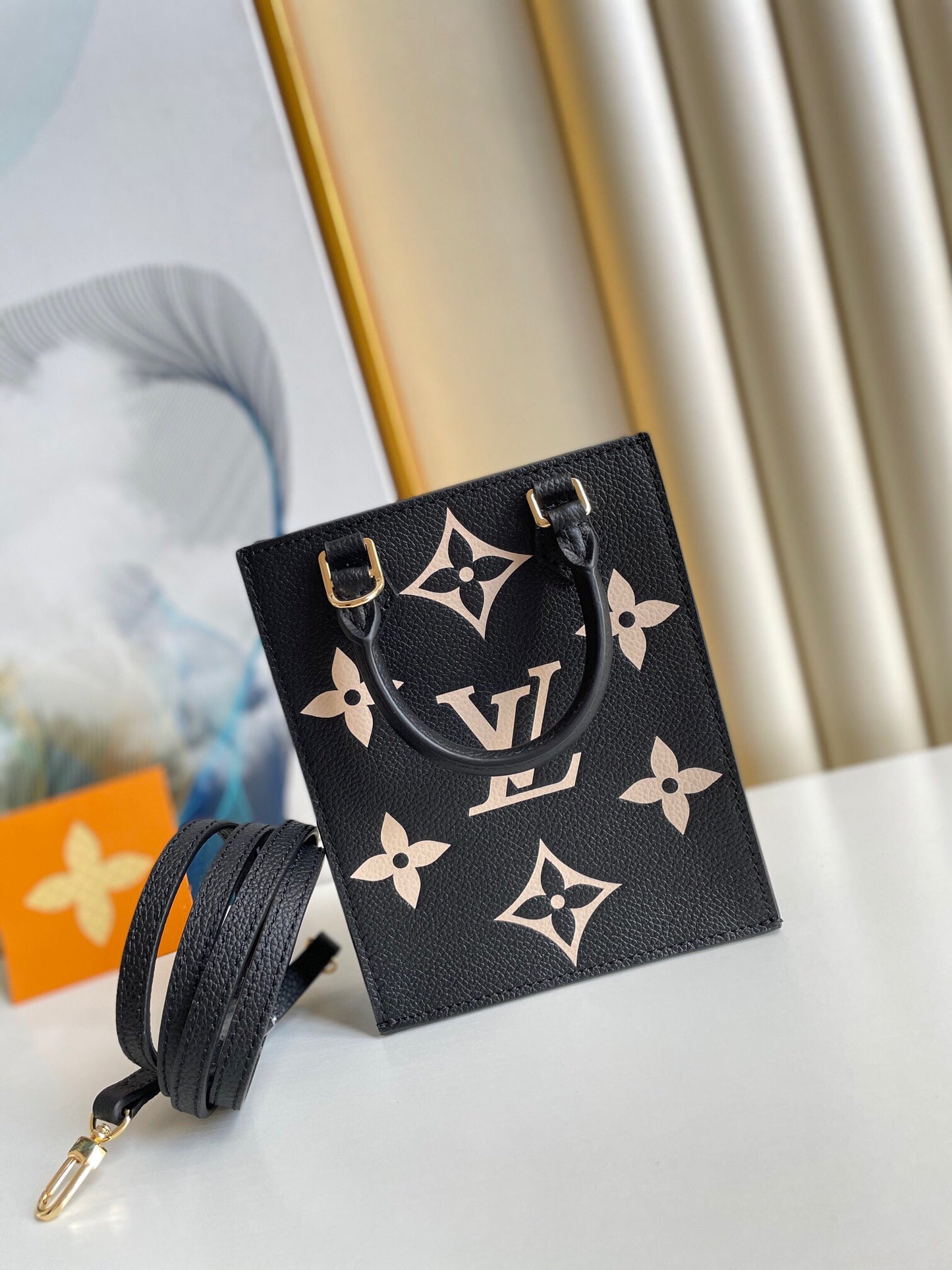 Louis Vuitton Luxury Black Leather Mini Tote Bag with Gold Monogram Flower Embellishments