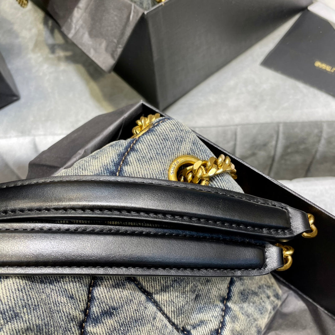 Saint Laurent Small Loulou Shoulder Bag in Quilted Denim - Blue with Gold Hardware