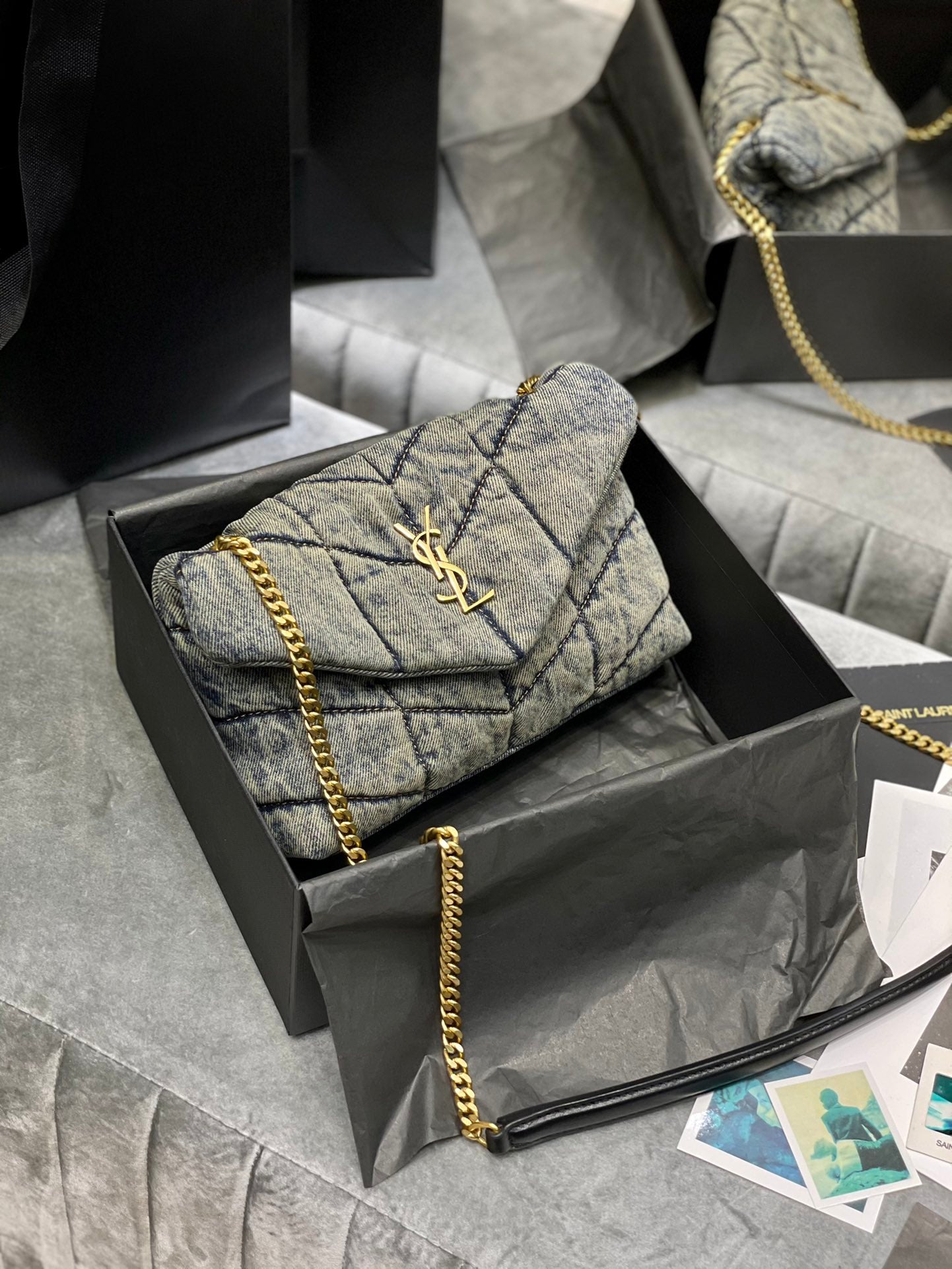 Saint Laurent (YSL) Small Loulou Denim Shoulder Bag with Gold-Tone Hardware