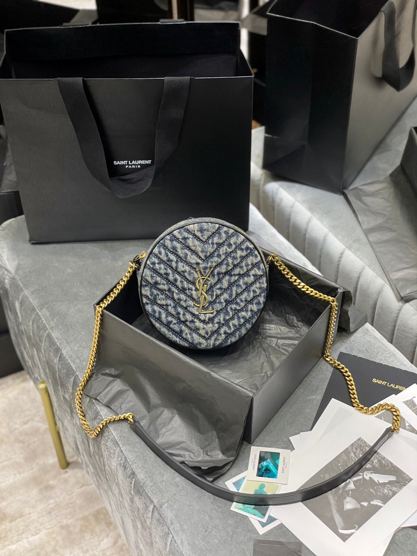 Saint Laurent Vinyle Round Monogram Quilted Crossbody Bag - Black
