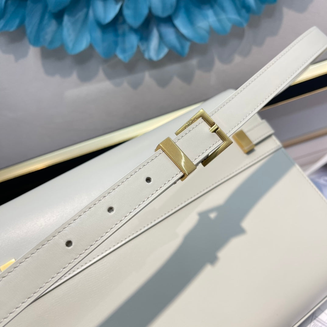 Elegant Women's Cream Leather Shoulder Bag with Gold Hardware and Buckle Detail