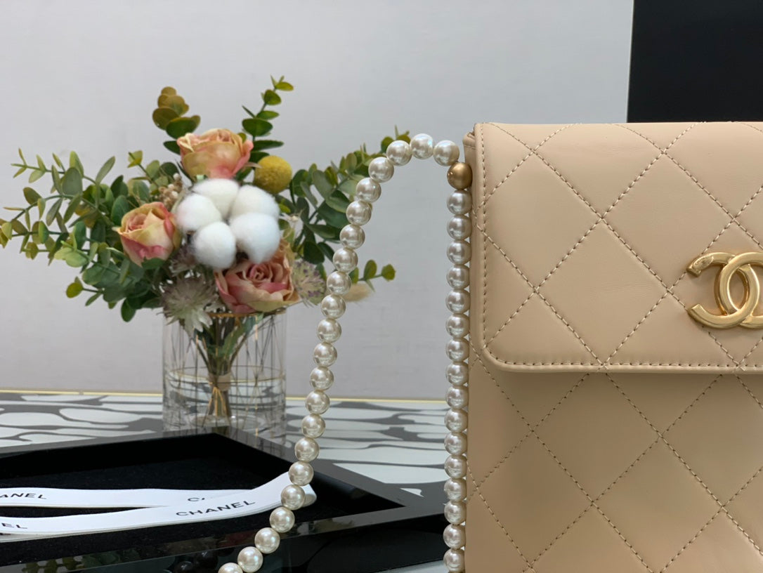 Chanel Beige Quilted Leather Pearl Strap Flap Bag
