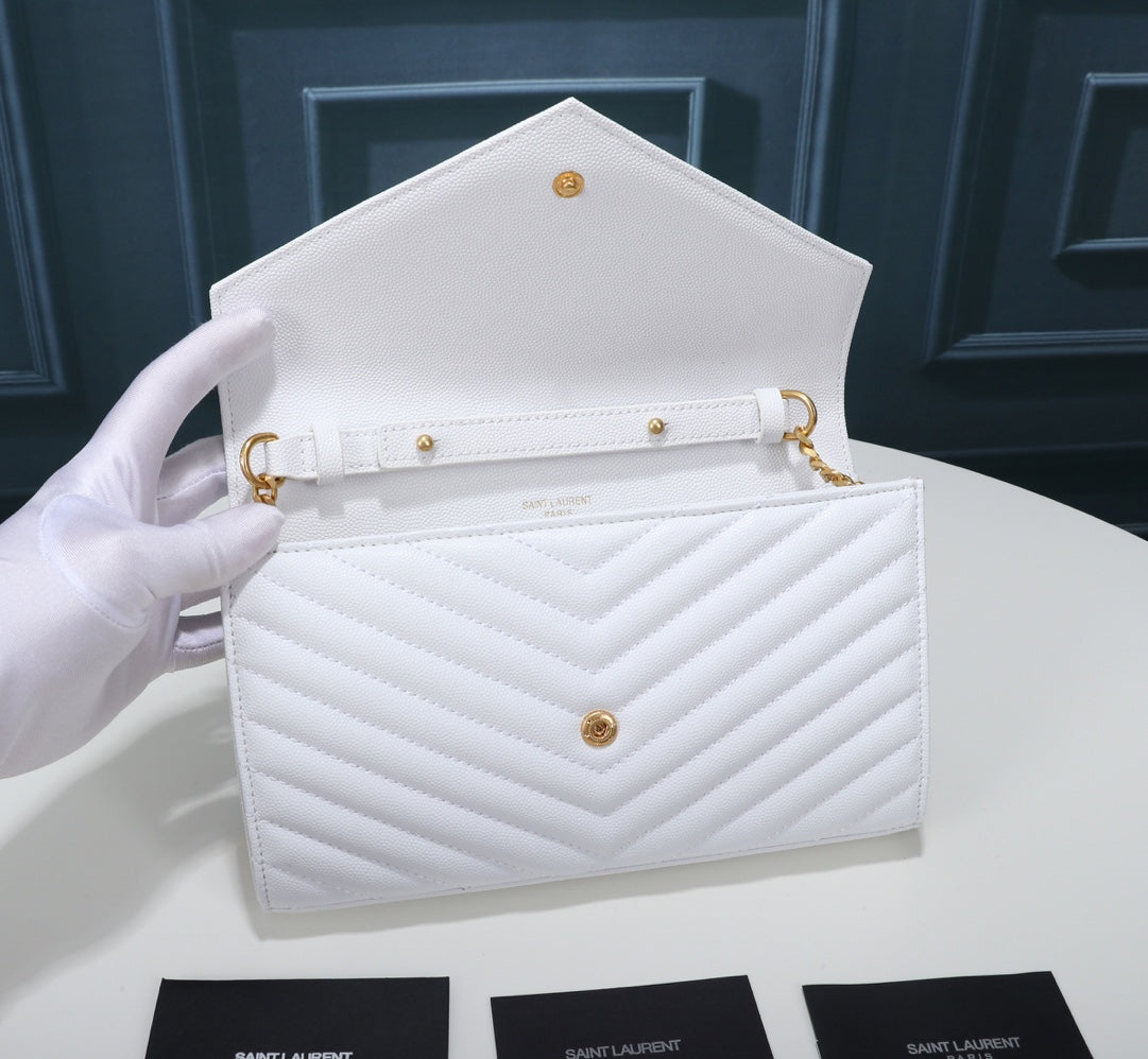 Saint Laurent Cassandre Matelassé Chain Wallet in White Grain de Poudre Leather with Gold Hardware