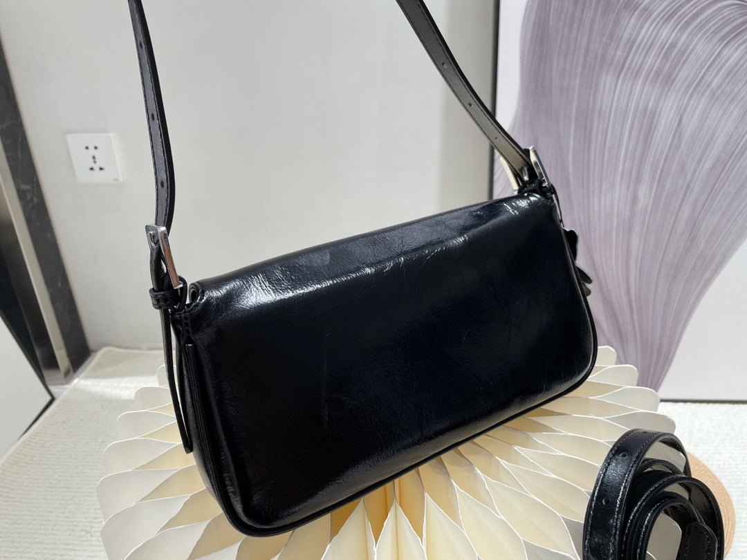Women's Classic Black Baguette Shoulder Bag - Minimalist Underarm Handbag with Silver Buckle
