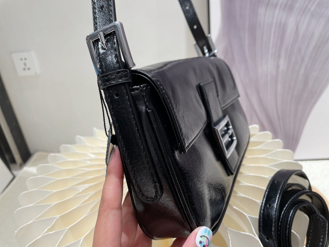 Women's Classic Black Baguette Shoulder Bag - Minimalist Underarm Handbag with Silver Buckle