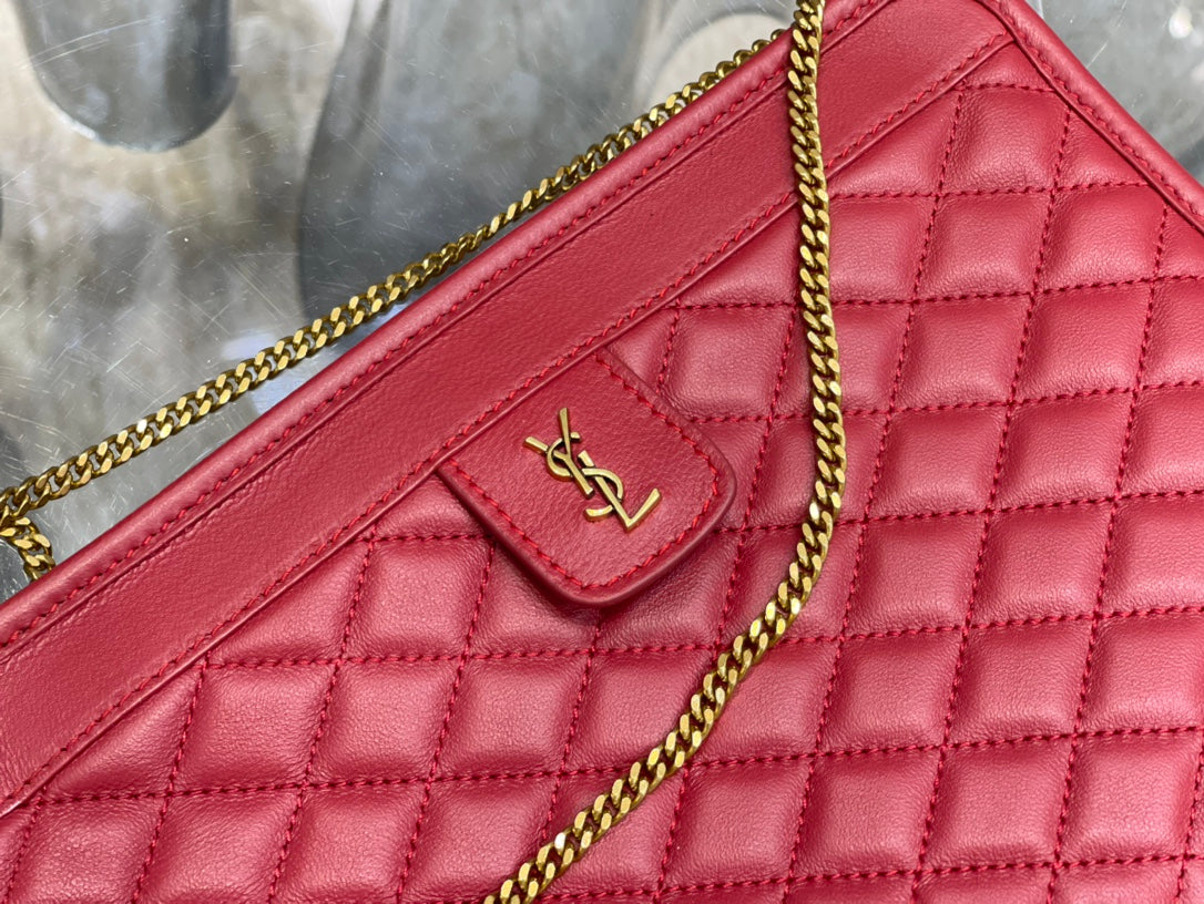 Red Quilted Leather Shoulder Bag with Gold Chain and Logo Detail