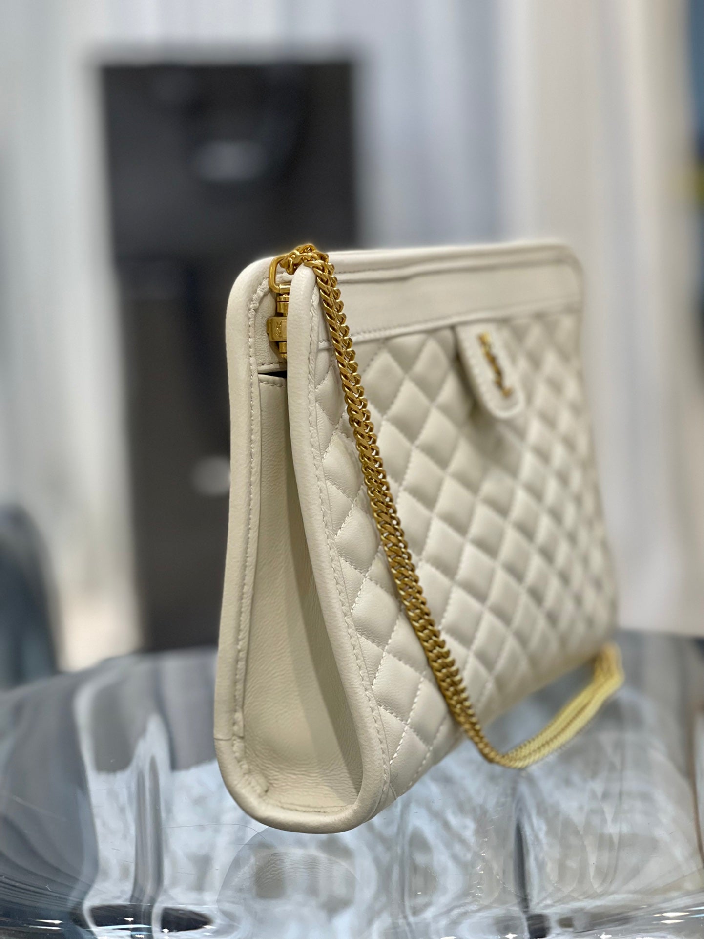 Saint Laurent Gaby Quilted Leather Shoulder Bag - Cream Off-White with Gold Hardware