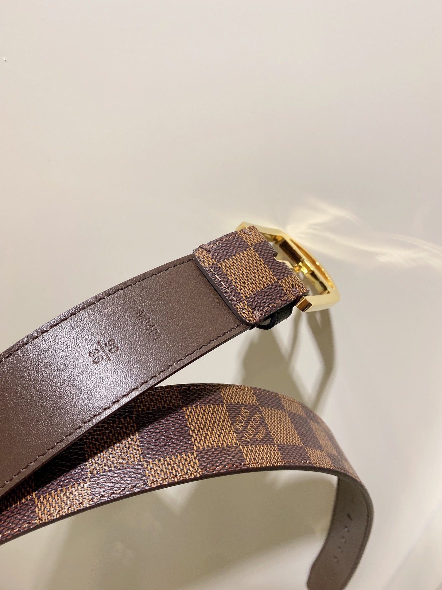 Louis Vuitton Damier Ebene Pattern Belt with Gold-Tone Buckle, Brown Checkered Canvas Waist Belt
