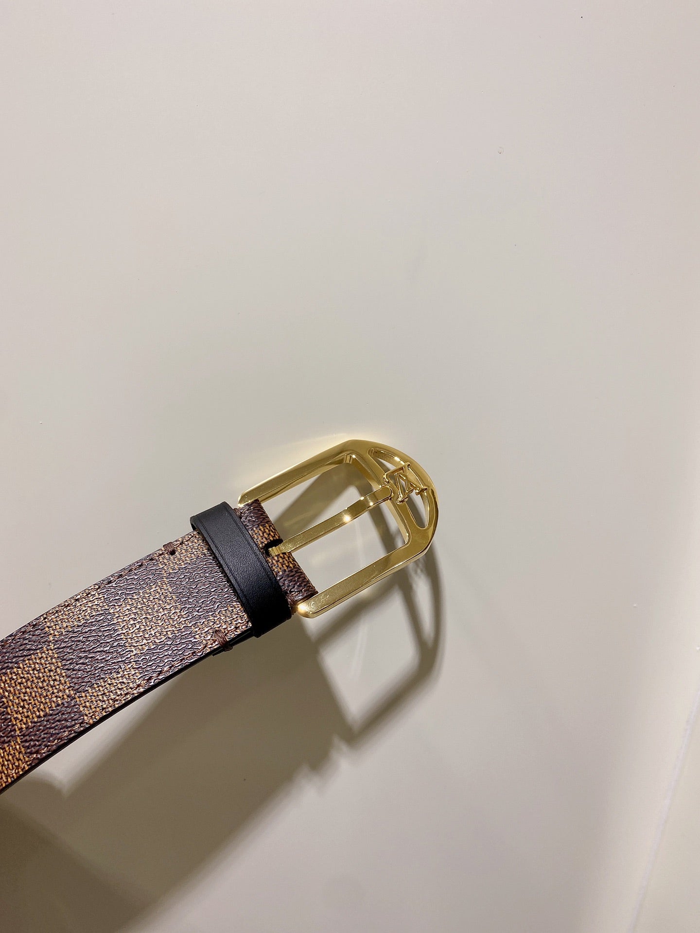 Louis Vuitton Damier Ebene Pattern Belt with Gold-Tone Buckle, Brown Checkered Canvas Waist Belt