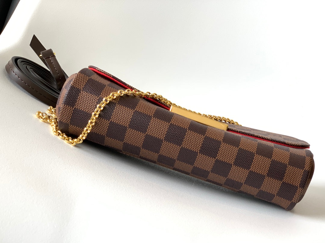 Louis Vuitton Brown Checkered Crossbody Shoulder Bag with Gold Chain Strap