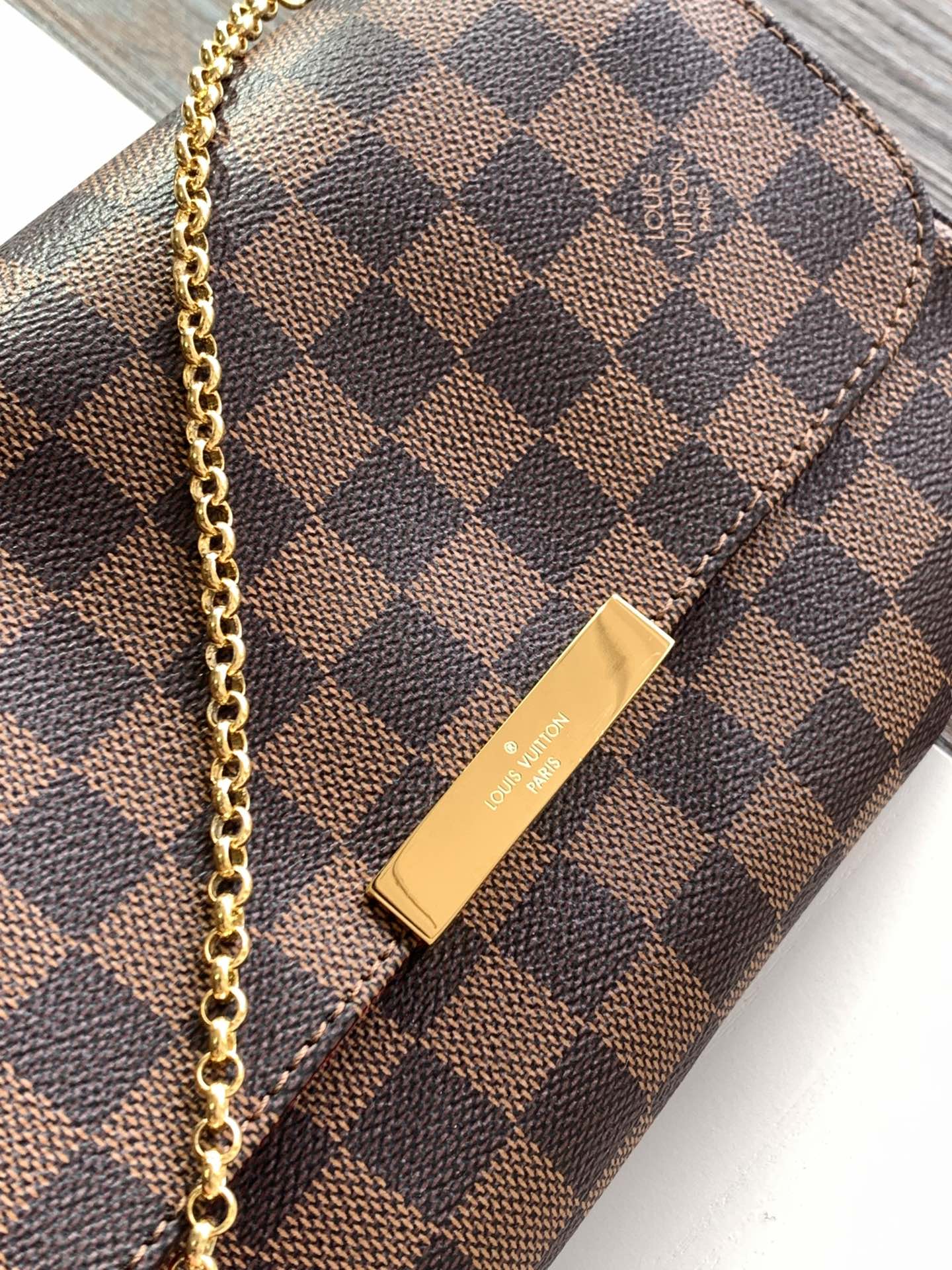 Louis Vuitton Brown Checkered Crossbody Shoulder Bag with Gold Chain Strap
