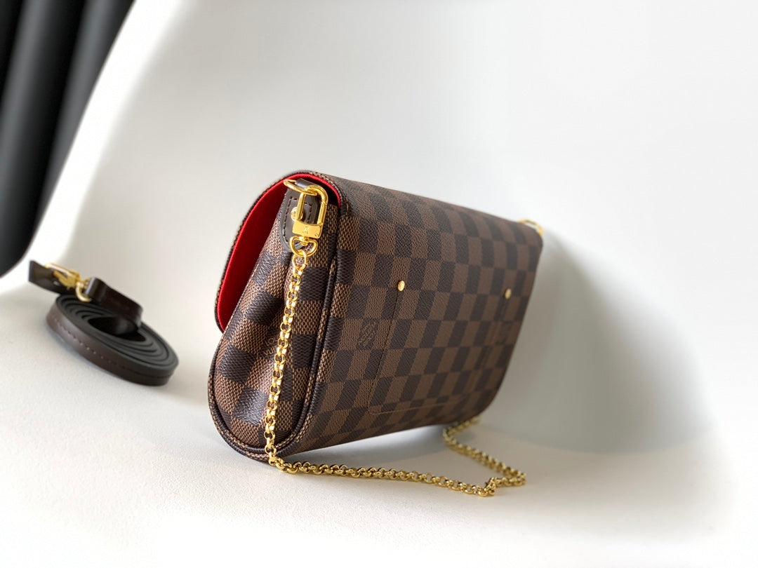 Louis Vuitton Brown Checkered Crossbody Shoulder Bag with Gold Chain Strap
