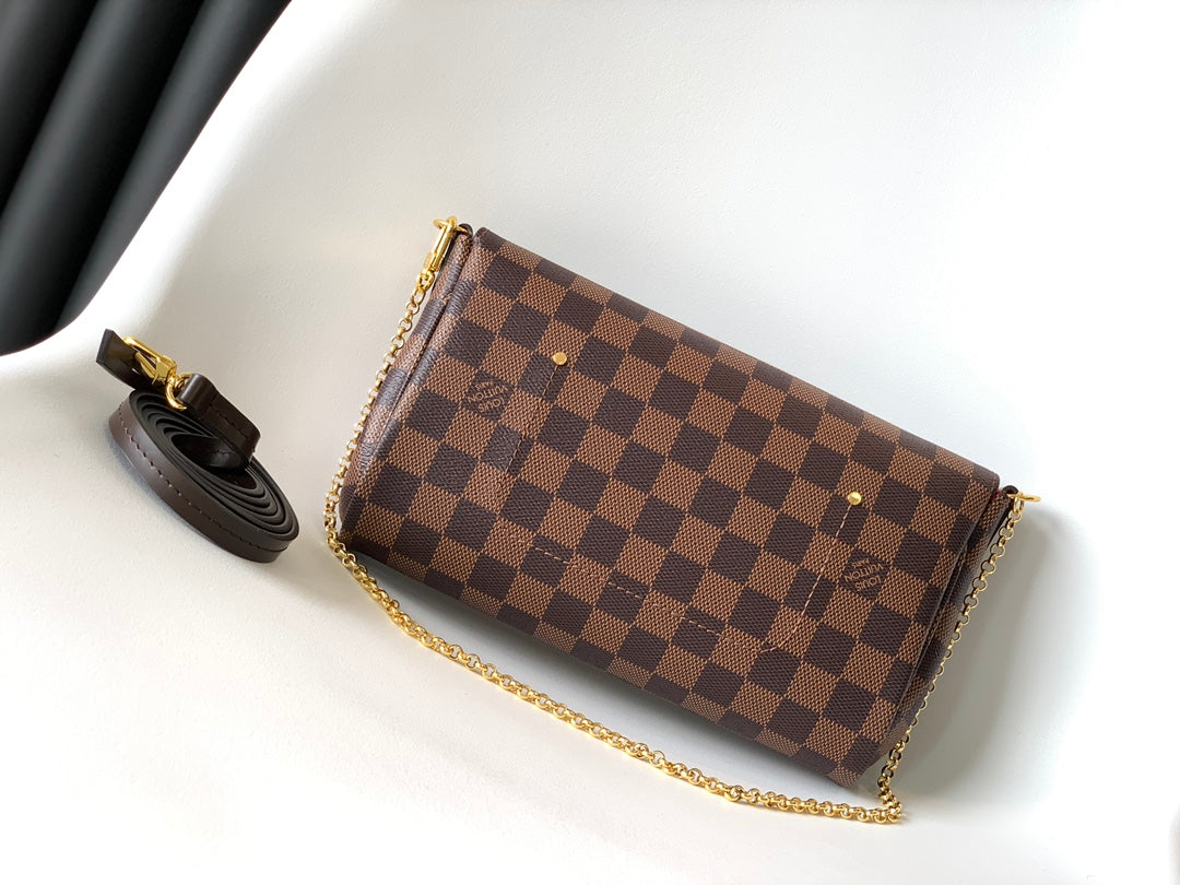 Louis Vuitton Brown Checkered Crossbody Shoulder Bag with Gold Chain Strap