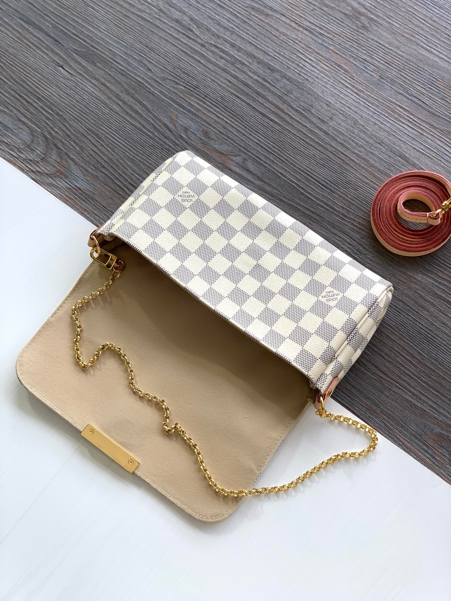 Louis Vuitton Checkered Print Envelope Crossbody Bag with Gold Chain Strap
