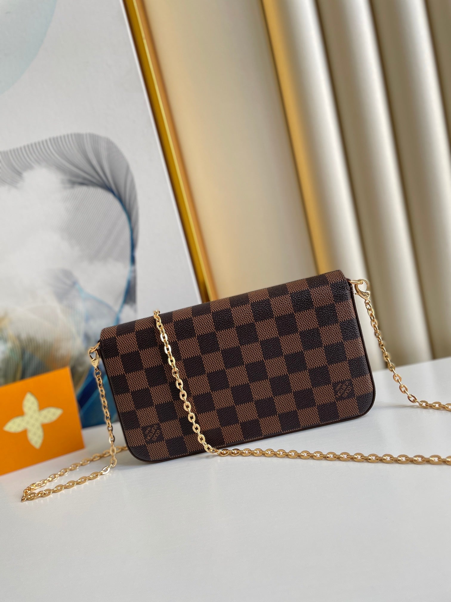 Louis Vuitton Classic Brown Checkerboard Envelope Clutch with Gold Chain Strap
