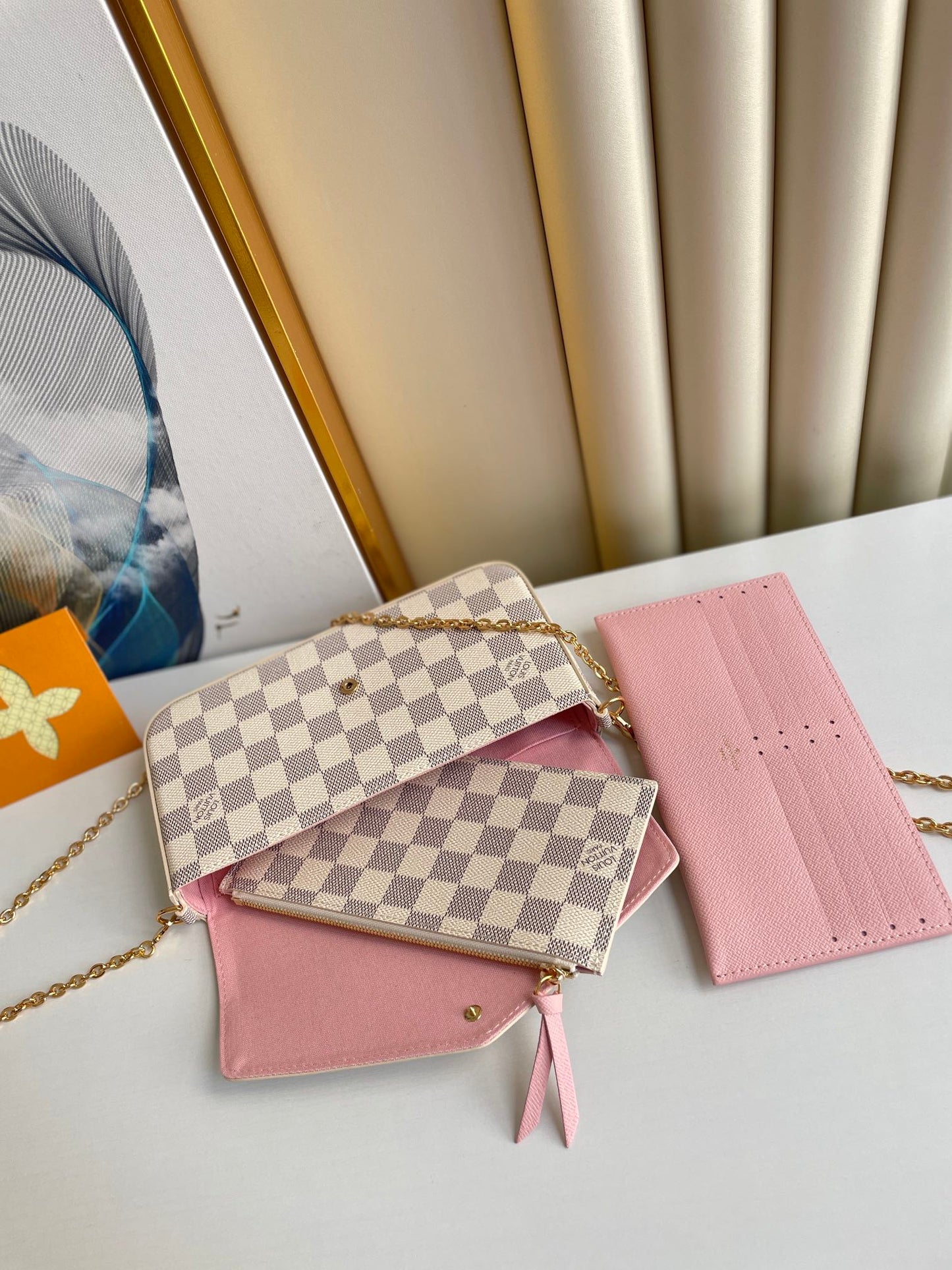 Louis Vuitton Classic Checkerboard Envelope Clutch Bag with Gold Chain Strap