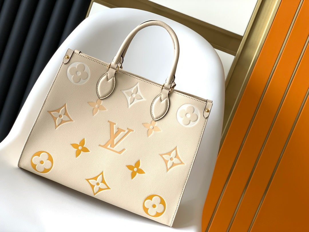 Louis Vuitton Luxury Beige Leather Tote Bag with Gold Monogram Floral Pattern