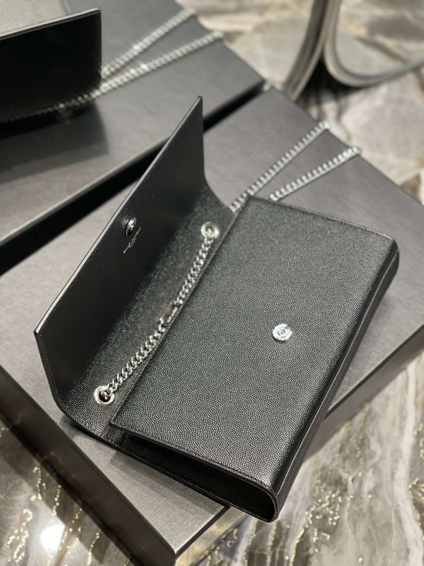Saint Laurent Sunset Chain Wallet in Grain de Poudre Embossed Leather - Black