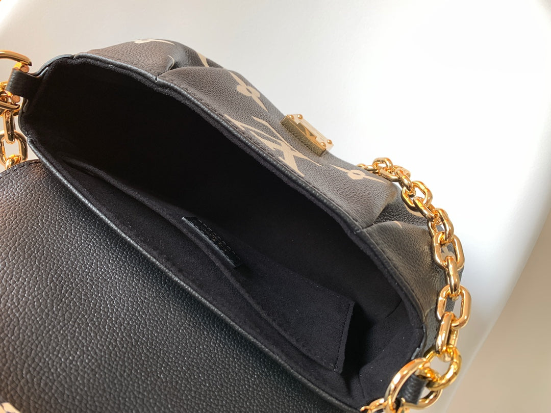 Louis Vuitton Elegant Black Leather Monogram Crossbody Bag with Gold Chain