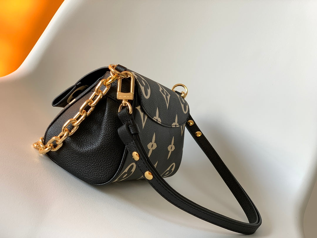 Louis Vuitton Elegant Black Leather Monogram Crossbody Bag with Gold Chain