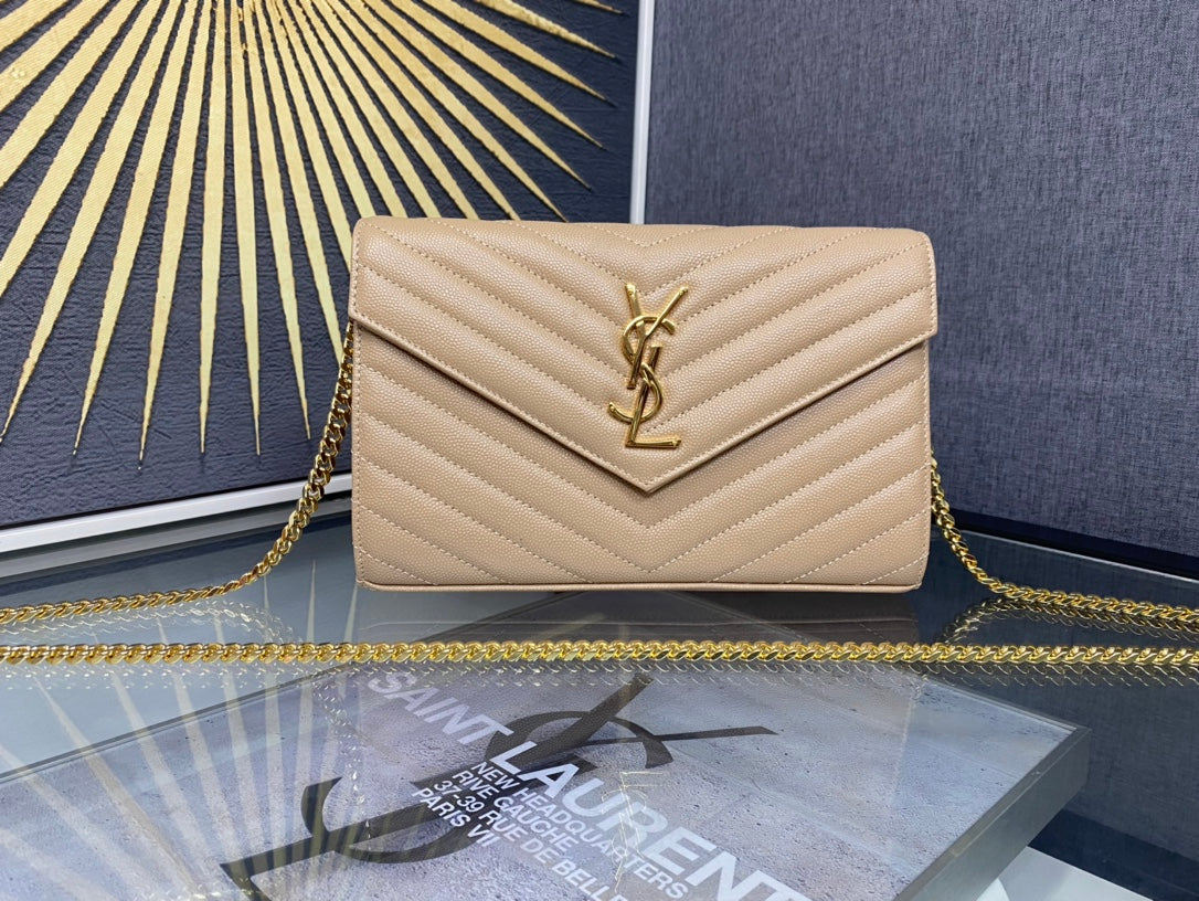 Saint Laurent Monogram Envelope Chain Wallet in Beige Quilted Leather