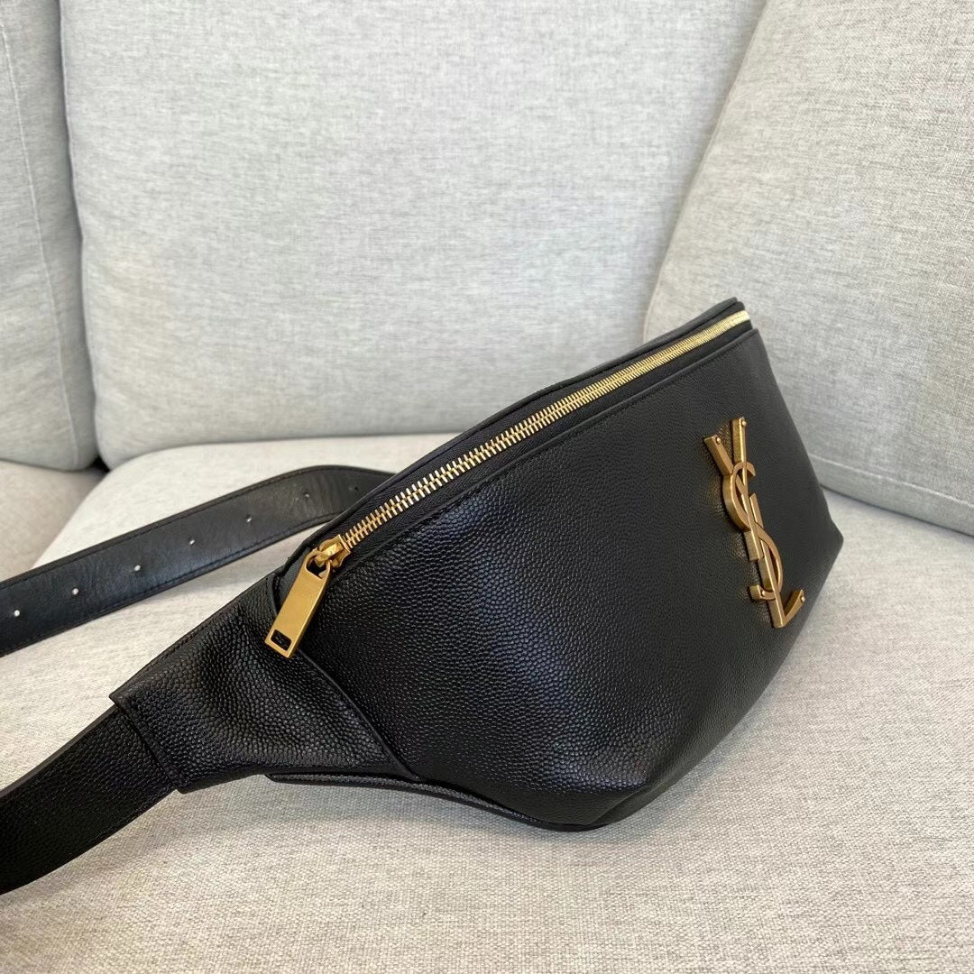 Saint Laurent Cassandre Grained Leather Belt Bag - Black/Gold