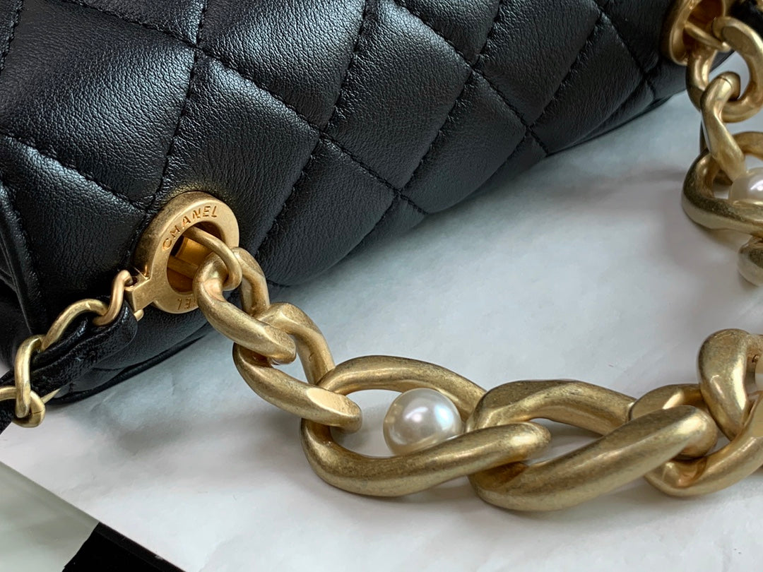 Chanel Black Quilted Lambskin Mini Flap Bag with Pearl-Accented Chunky Gold Chain
