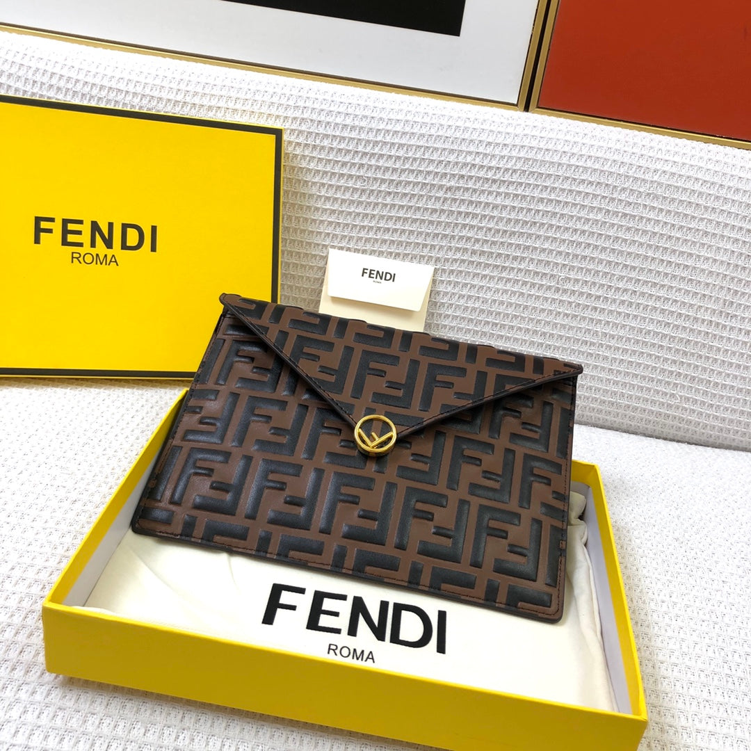Fendi Brown FF Embossed Leather Envelope Clutch Pouch with Packaging